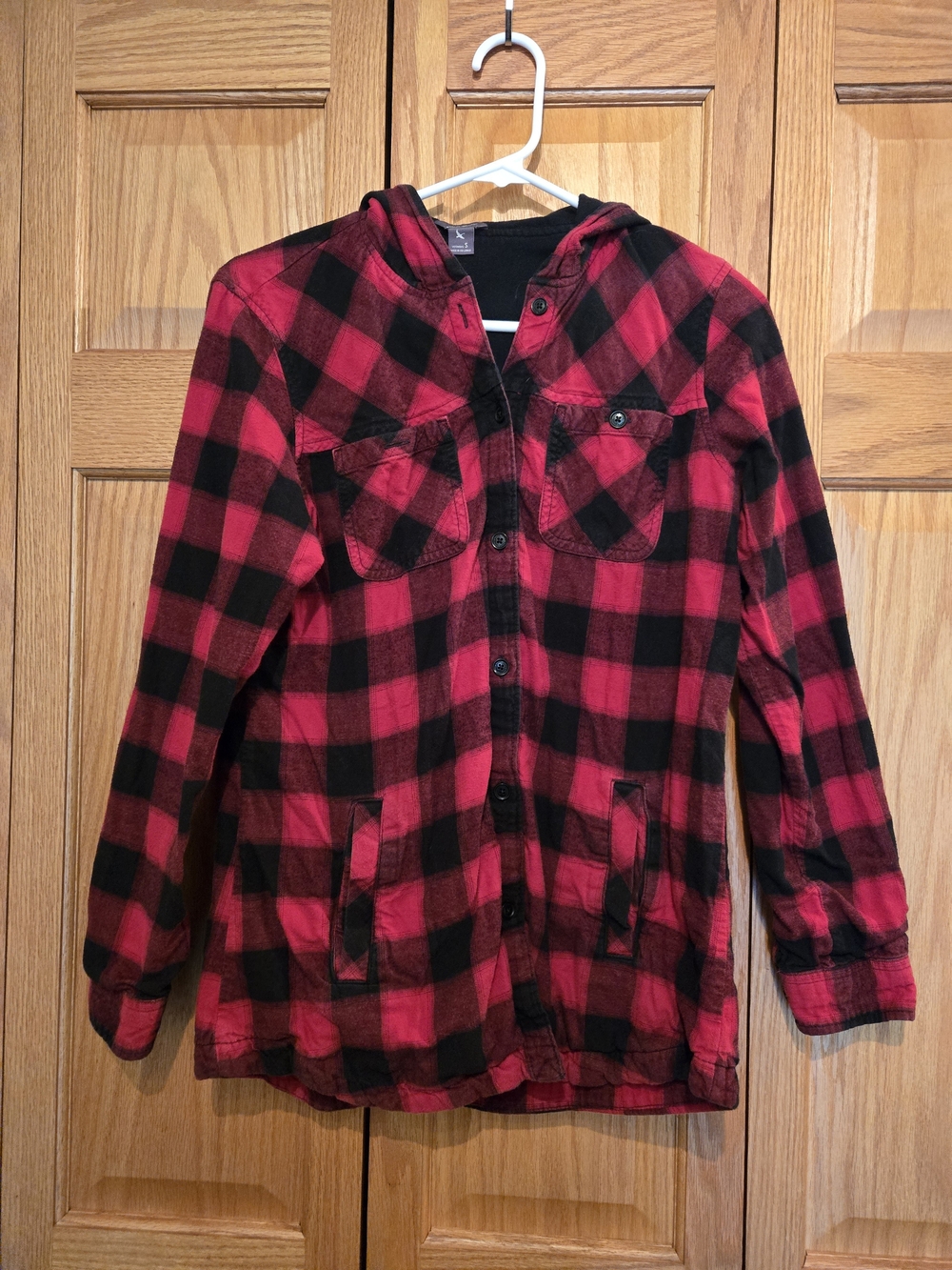 Eddie Bauer Red and Black Plaid Hooded Shirt Jacket